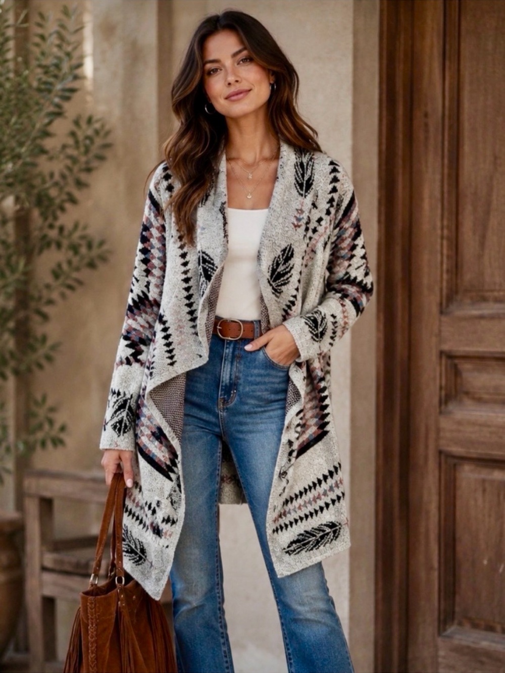 Kamana Aztec Tribal Print Waterfall Open Front Bohemian Cardigan/Sweater Grey